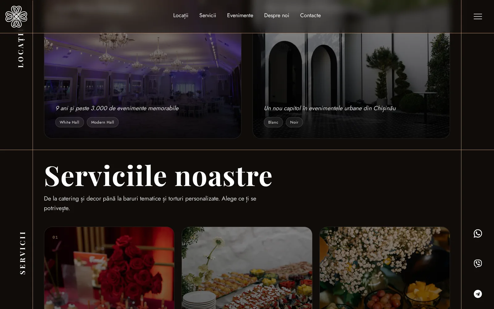 Serviciile noastre section, additional venue halls White Hall, Modern Hall, Blanc and Noir above a grid of catering, floral and décor services