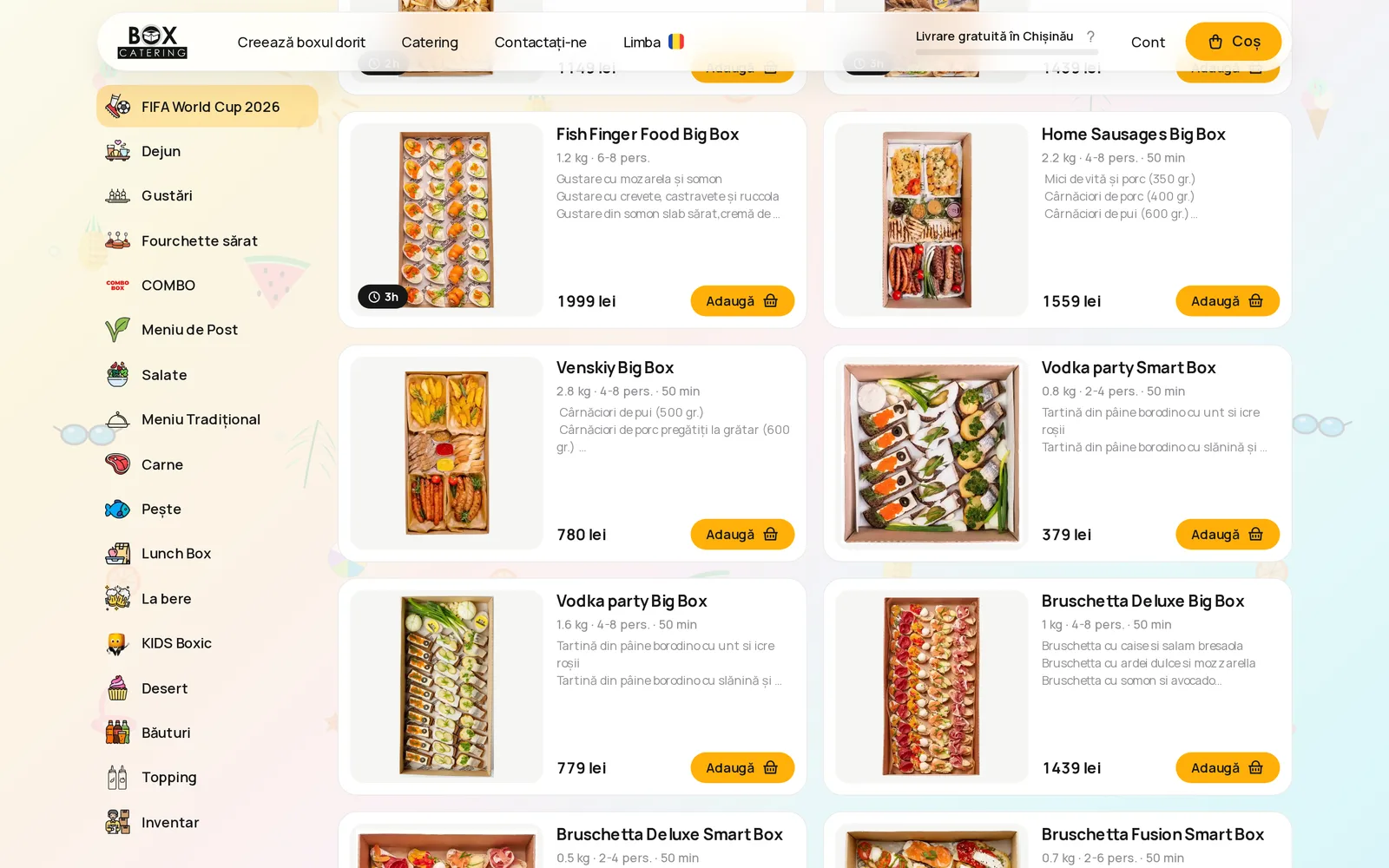 BoxCatering catalog showing Vodka Party, Bruschetta Deluxe and finger-food boxes with detailed ingredient lists and prices