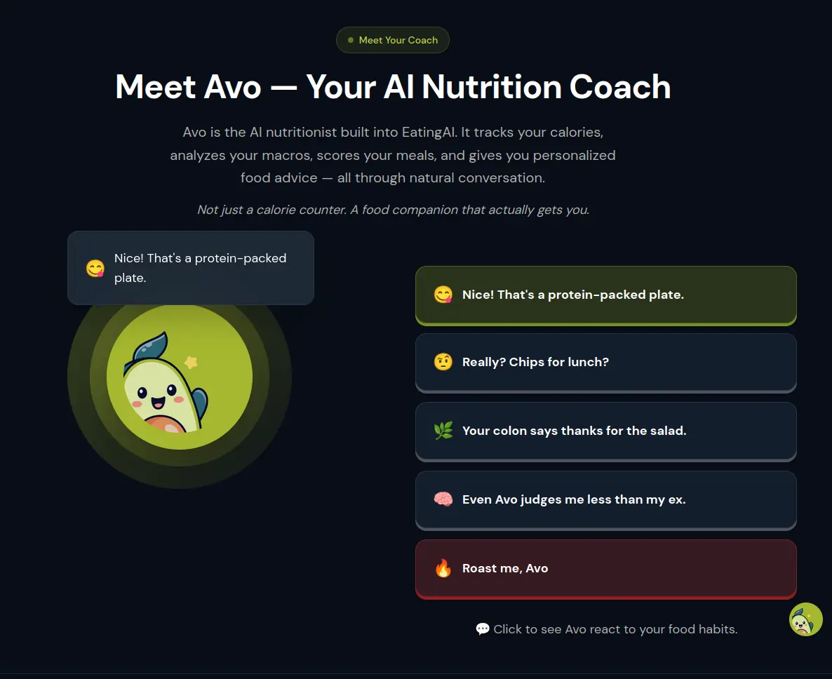 Avo, the in-app AI nutritionist, logging a meal from a voice description