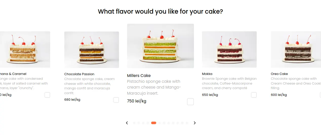 Millers Cake custom cake builder interface with structured product details