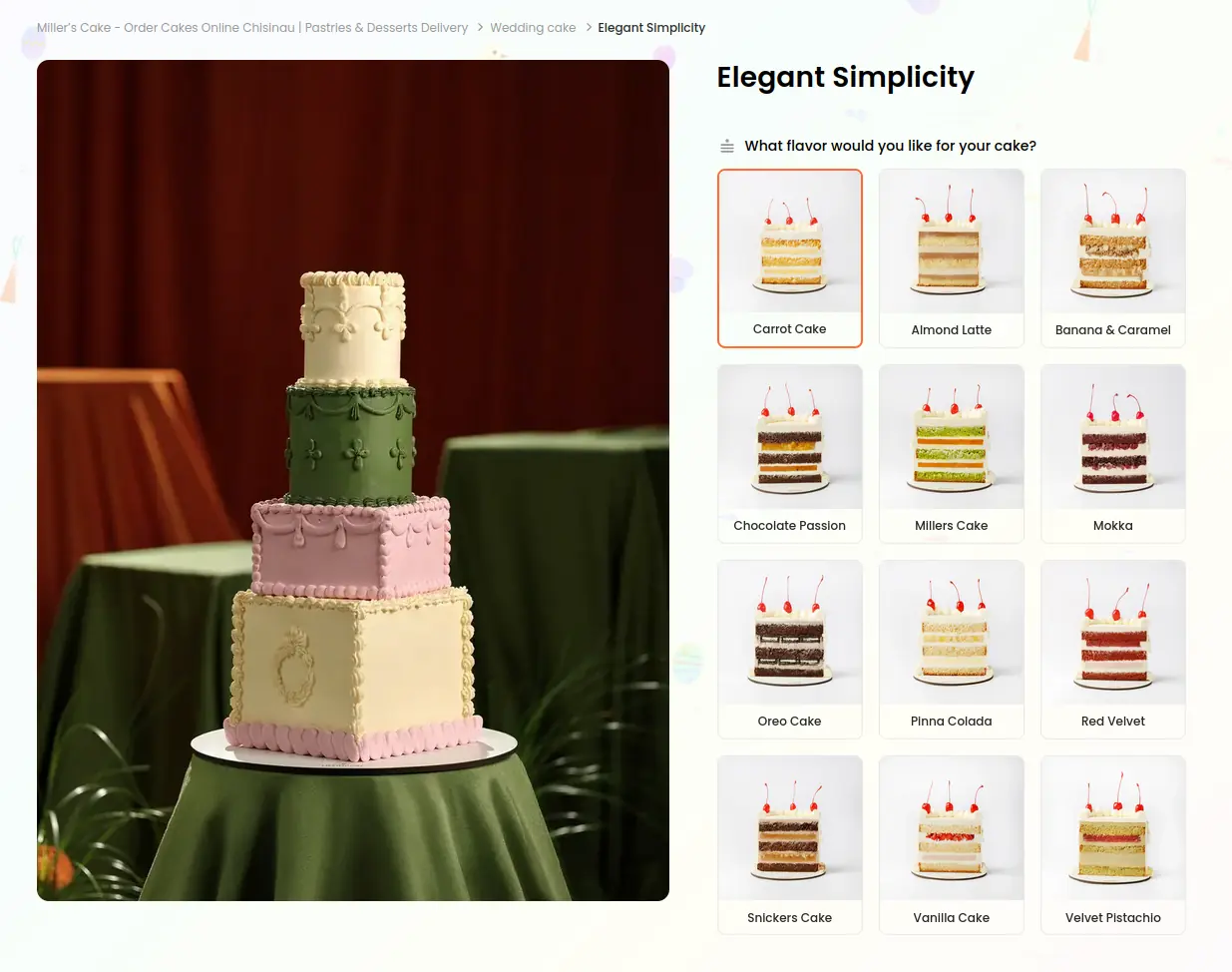 Millers Cake product detail page with photography and ordering options