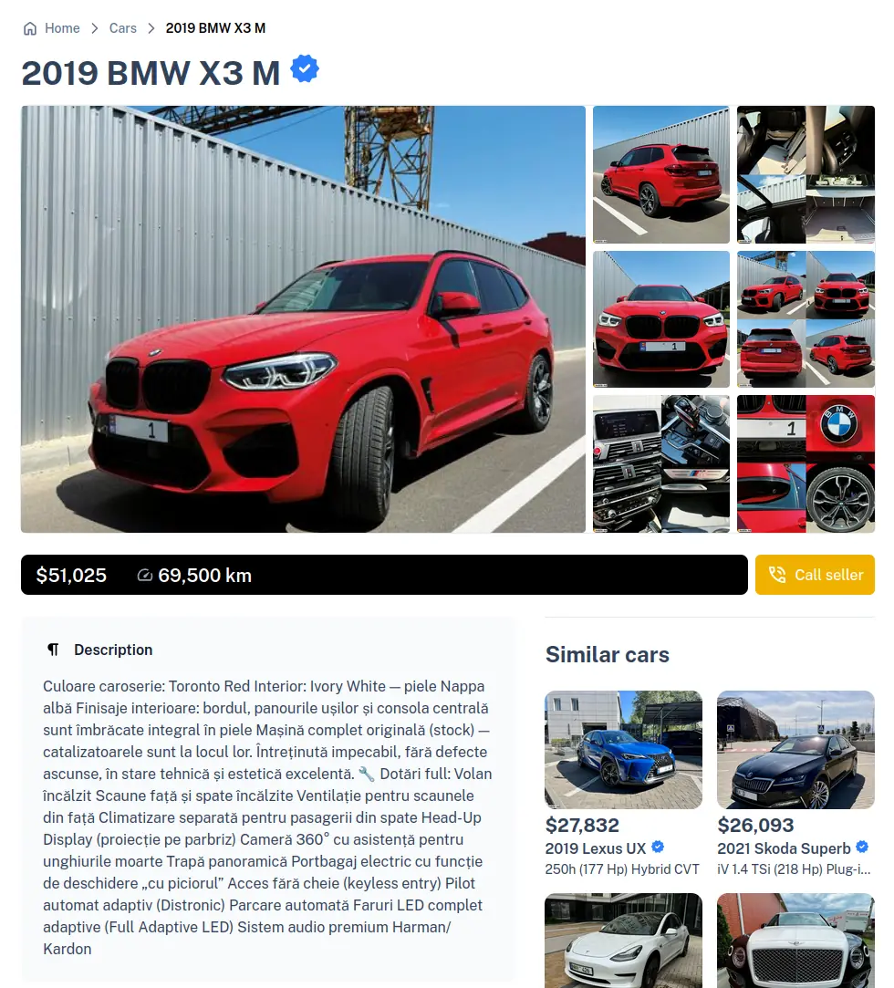 Mobile MD automotive platform showing vehicle listings and tools
