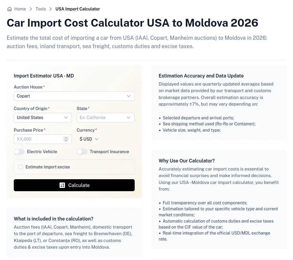 Mobile MD calculator suite — import cost, customs duty, RCA premium, bonus-malus