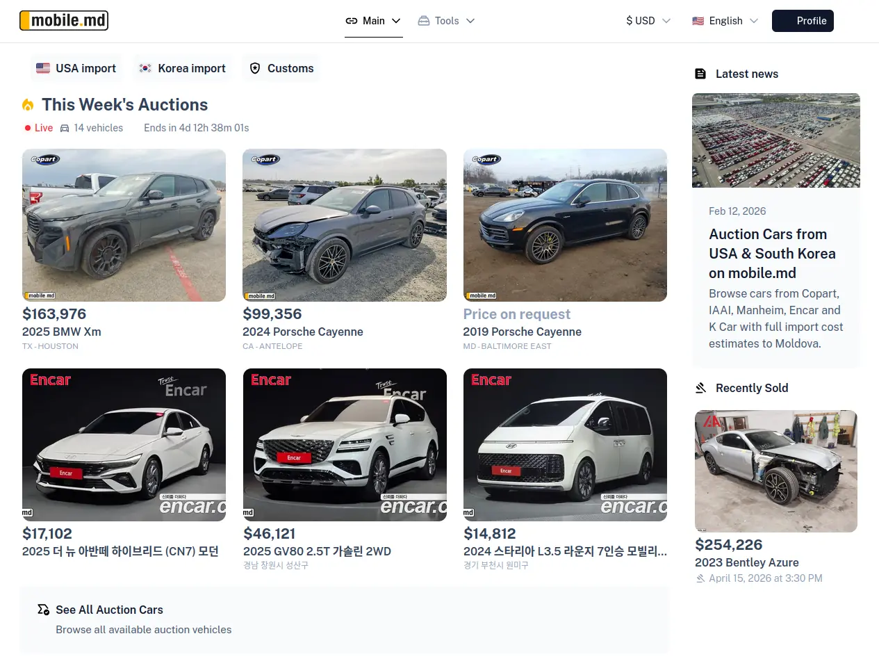 Mobile MD platform landing — marketplace, calculators, auctions, and insurance