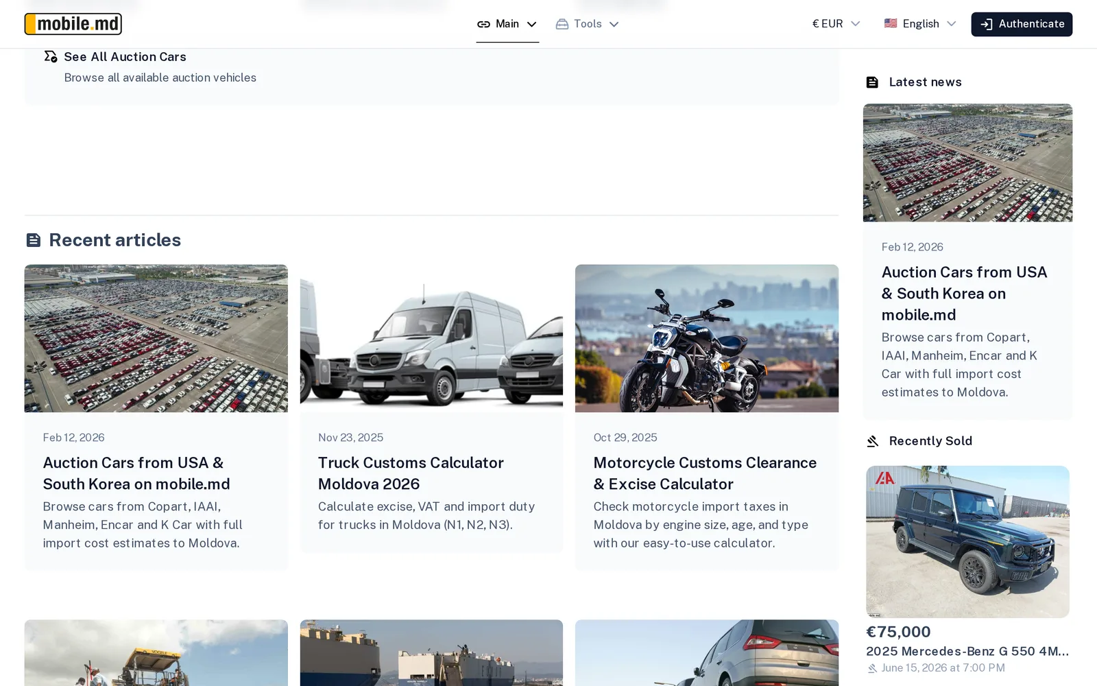 mobile.md page showing recent auction cars, recent articles and a recently-sold sidebar