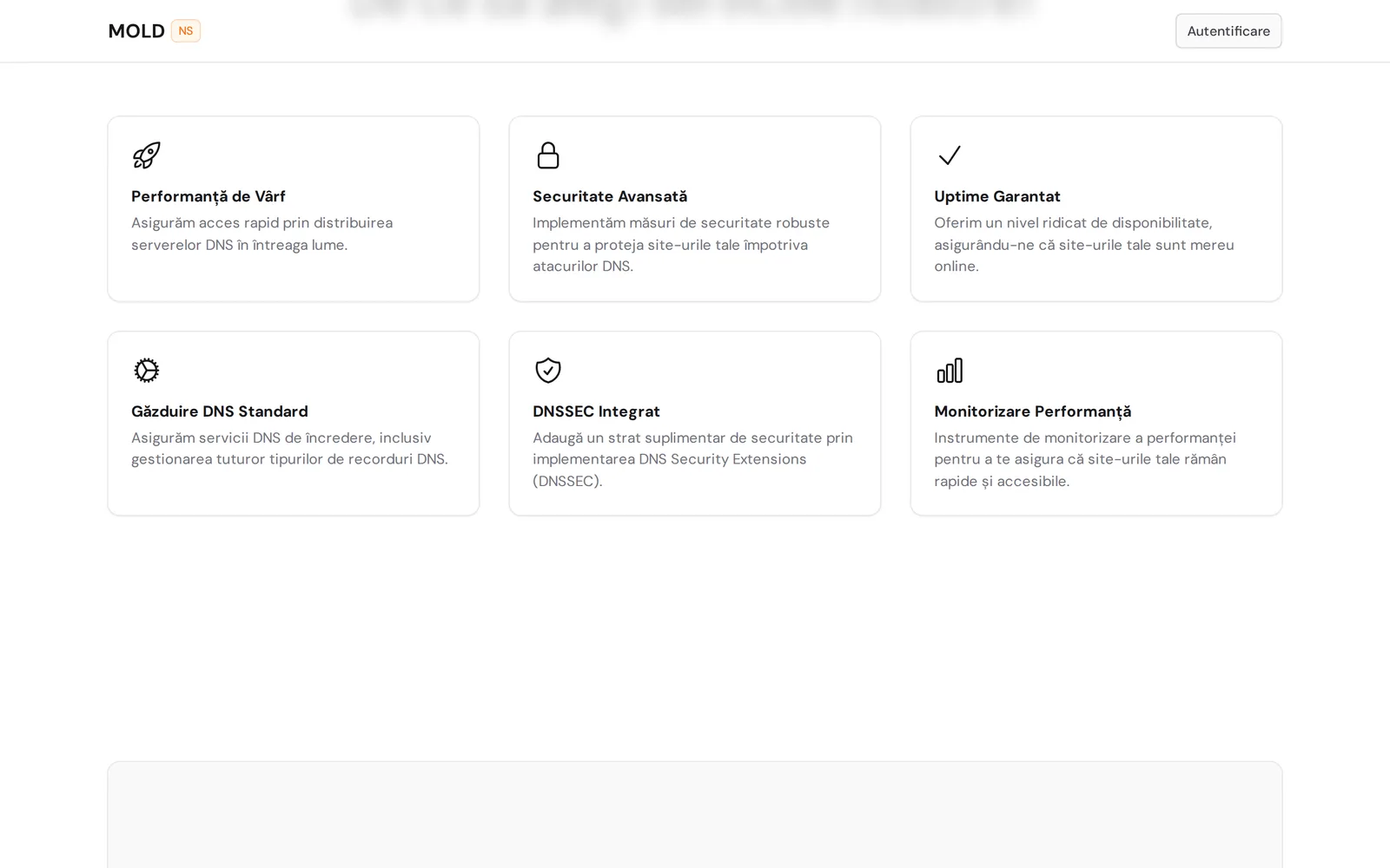 Six MoldNS feature cards in a grid: Performanță de Vârf, Securitate Avansată, Uptime Garantat, Găzduire DNS Standard, DNSSEC Integrat, and Monitorizare Performanță