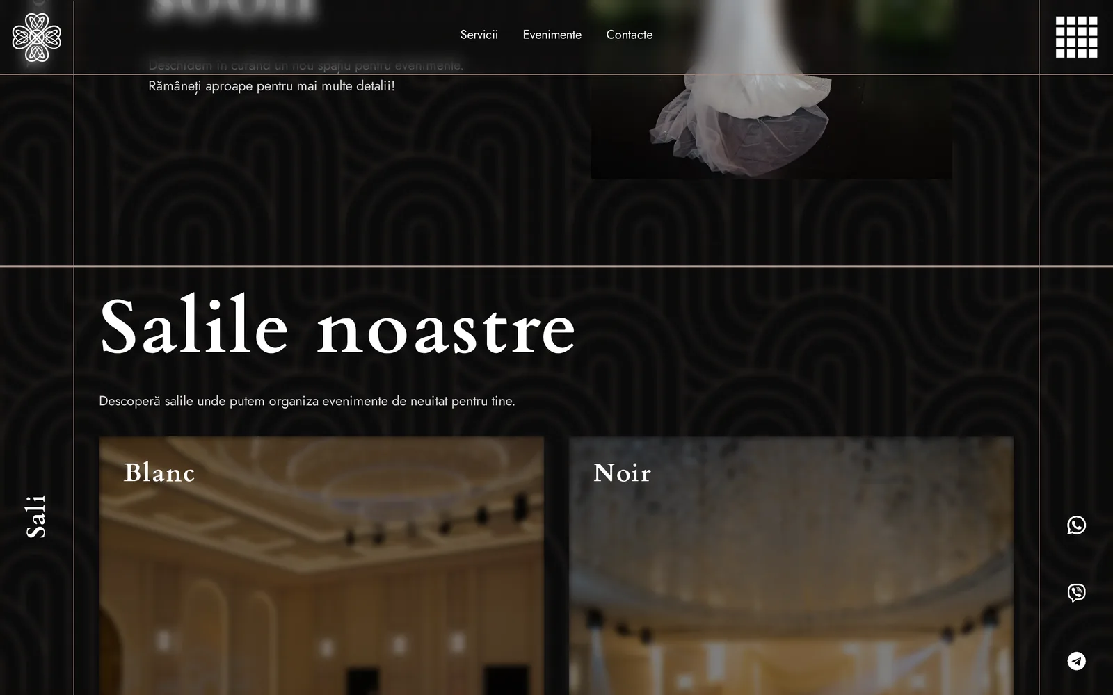 "Salile noastre" section presenting the two halls, Blanc and Noir, as side-by-side image cards over a dark patterned background