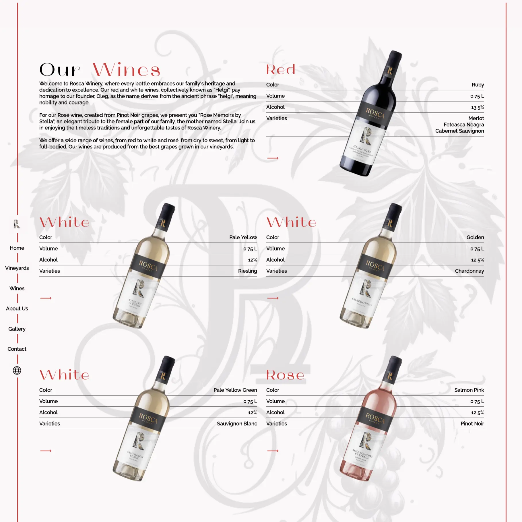 Rosca Winery website with vineyard photography and premium wine catalog
