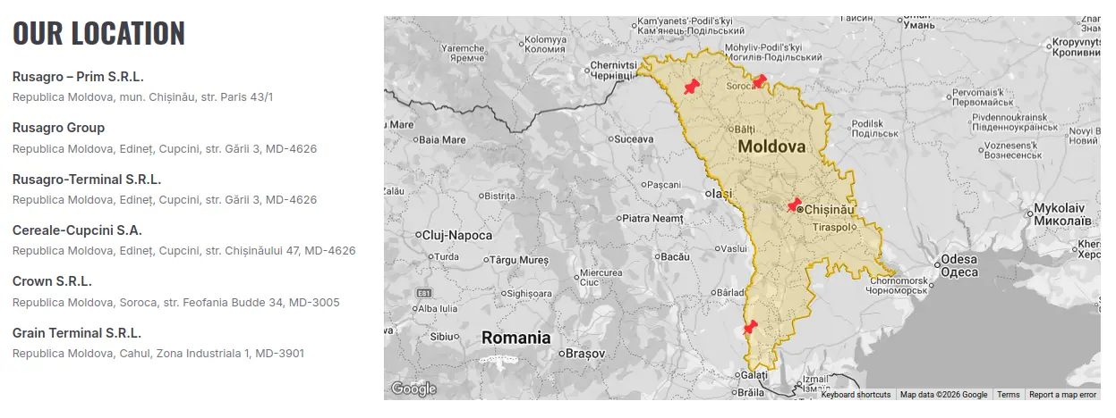RUSAGRO regional locations across Moldova — Chișinău, Edineț, Soroca, Cahul