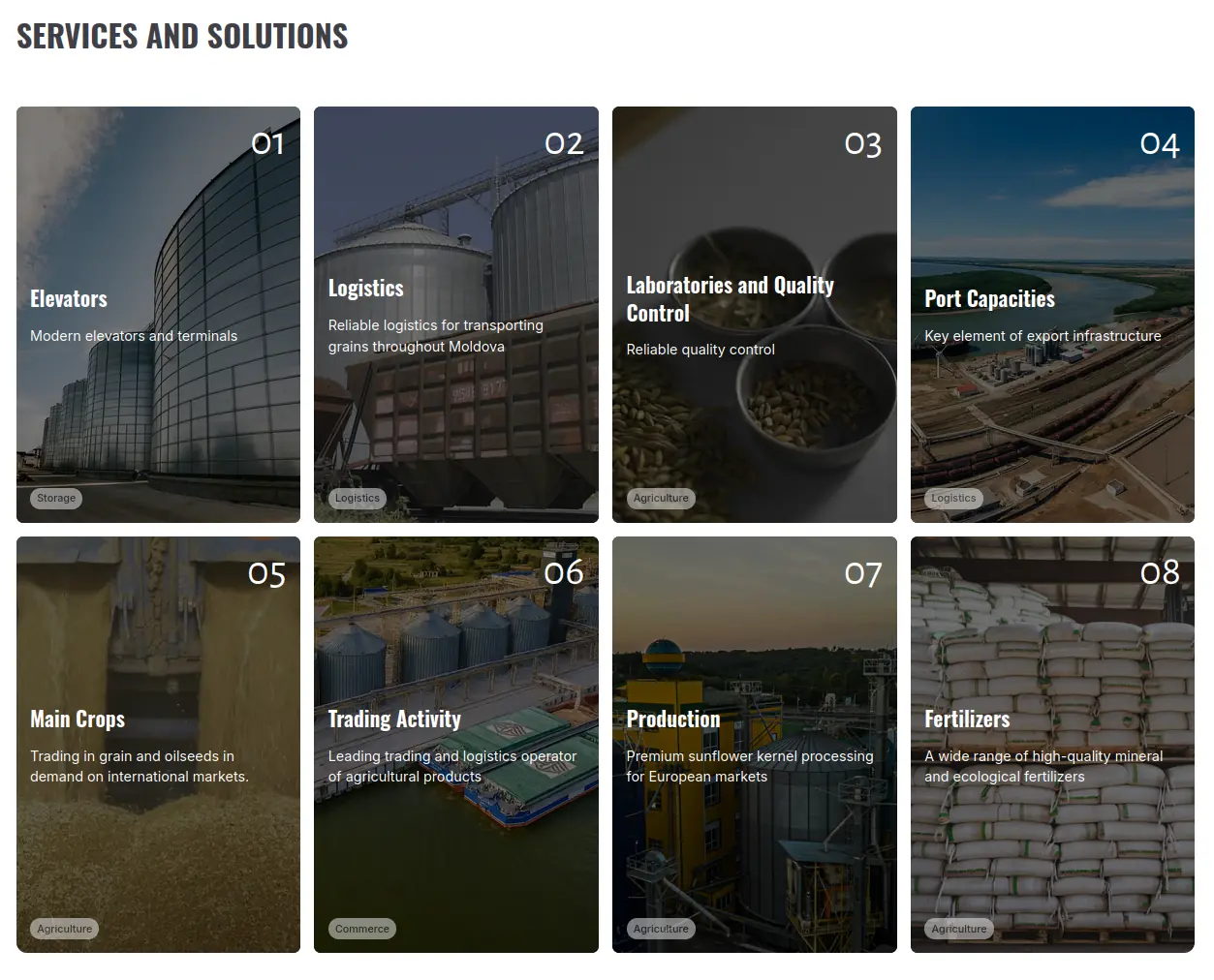 RUSAGRO services overview, storage, transport, lab, port, trading, processing, fertilizer