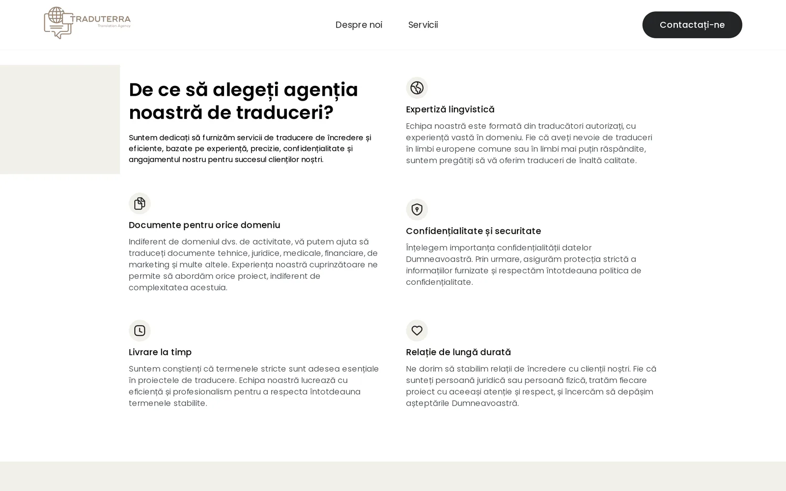 Traduterra "De ce să alegeți agenția noastră de traduceri?" section: six feature cards with icons covering linguistic expertise, documents for any field, confidentiality, on-time delivery, and long-term relationships