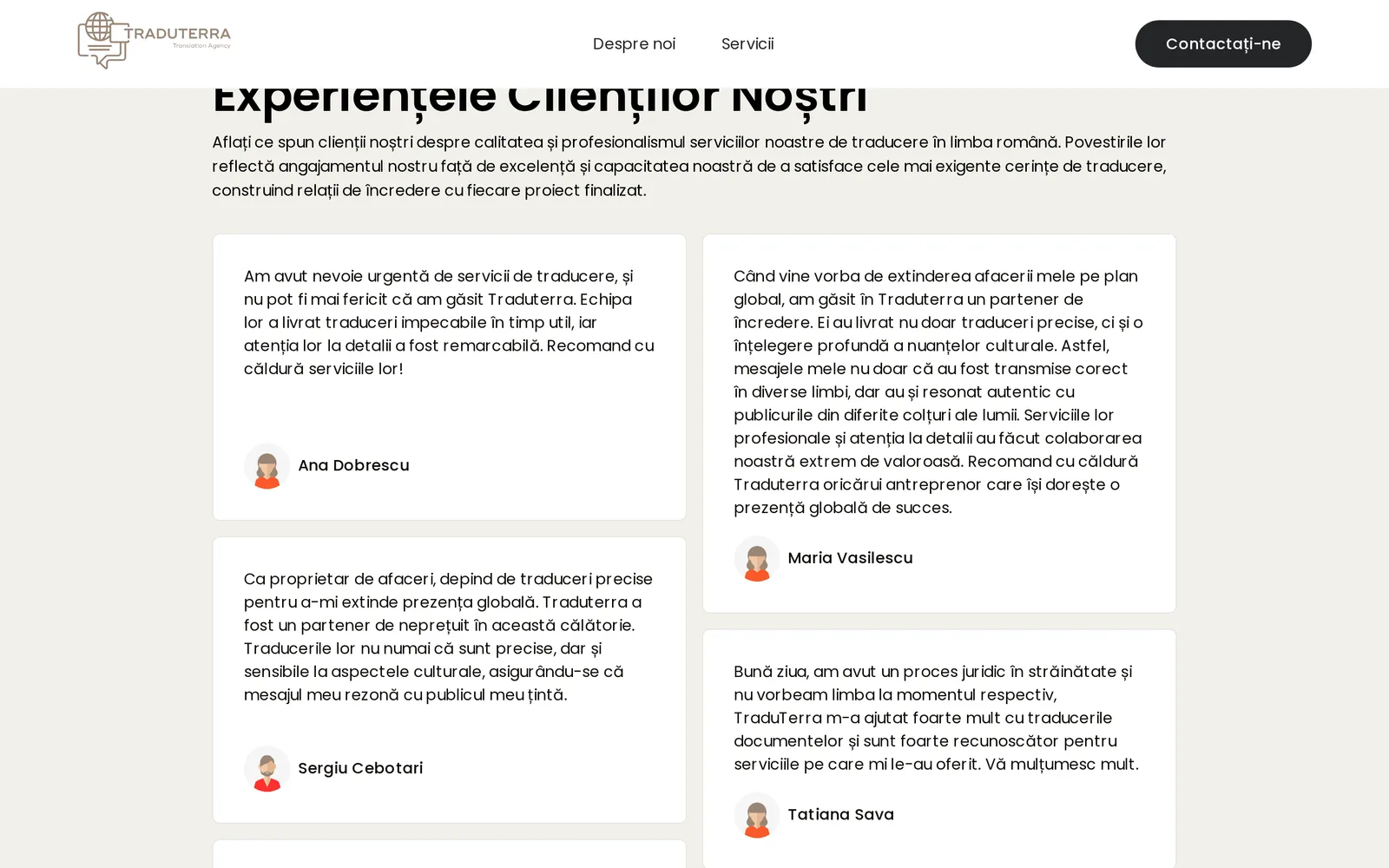 Traduterra "Experiențele Clienților Noștri" testimonials section: client cards from Ana Dobrescu, Maria Vasilescu, Sergiu Cebotari, and Tatiana Sava with avatars