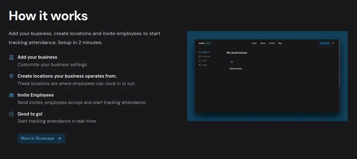 WeAtWork how-it-works — invite, set up locations, employees clock in from their phones